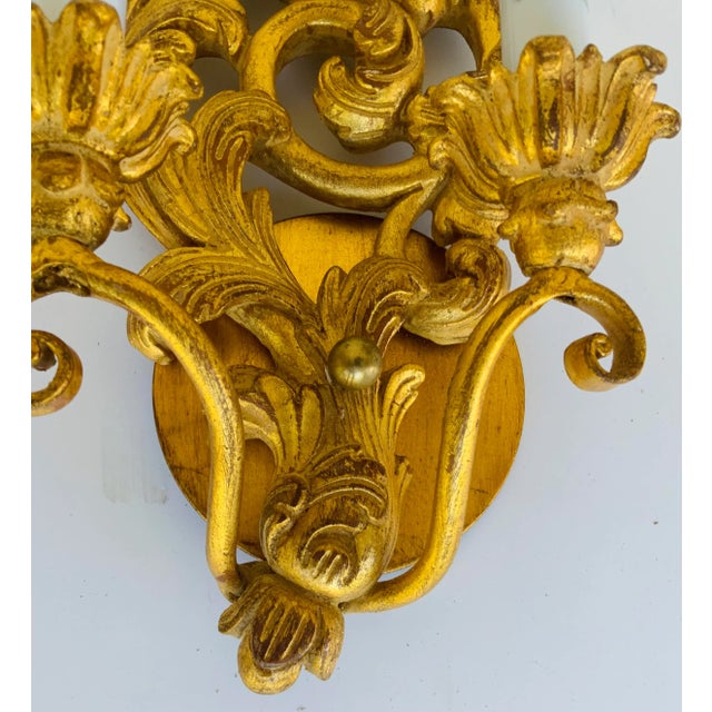 Italian Myran Allan Luxury Lighting Italian Small Carved Wood Gold Wall Sconces Pair For Sale - Image 3 of 5