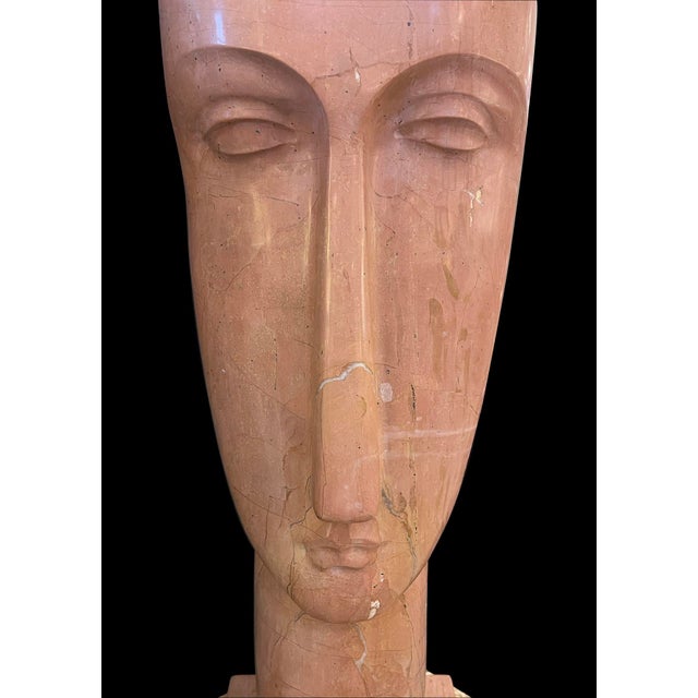 Abstract Large Modigliani-Inspired Abstract Head Sculpture in Rosso Alicante Marble For Sale - Image 3 of 9