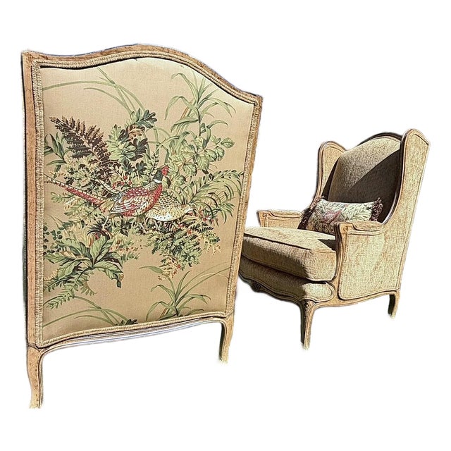 Pair of Custom Wingback Armchairs in Pictorial Avian Upholstery For Sale