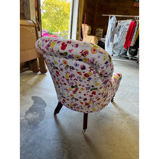 Antique French Napoleon III Tufted Club Chair in Vibrant Pansy Floral Upholstery For Sale - Image 4 of 6