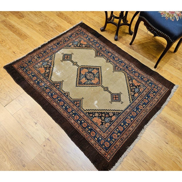 Textile Antique Persian Serab Area Rug, Hand-Knotted Wool, Geometric Medallion Pattern, Camel Hair & Brown, 4x5 For Sale - Image 7 of 18