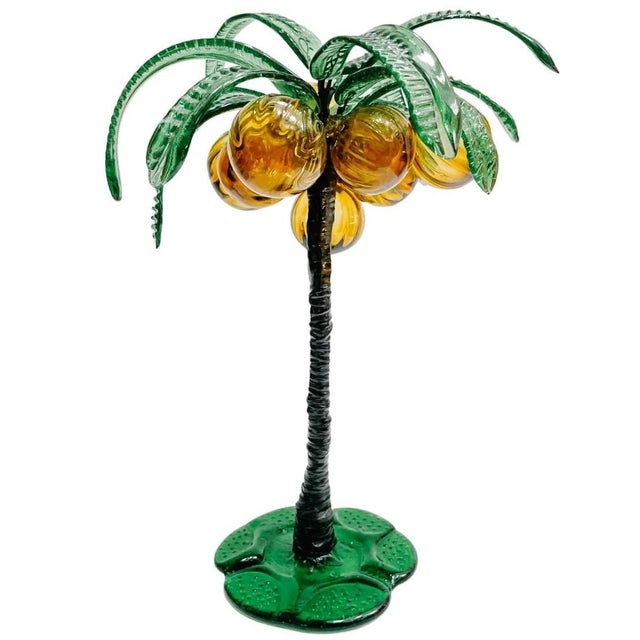 Whimsical mid-century Italian hand-blown Murano glass stylized green palm tree with yellow / amber coconuts. It is such a...