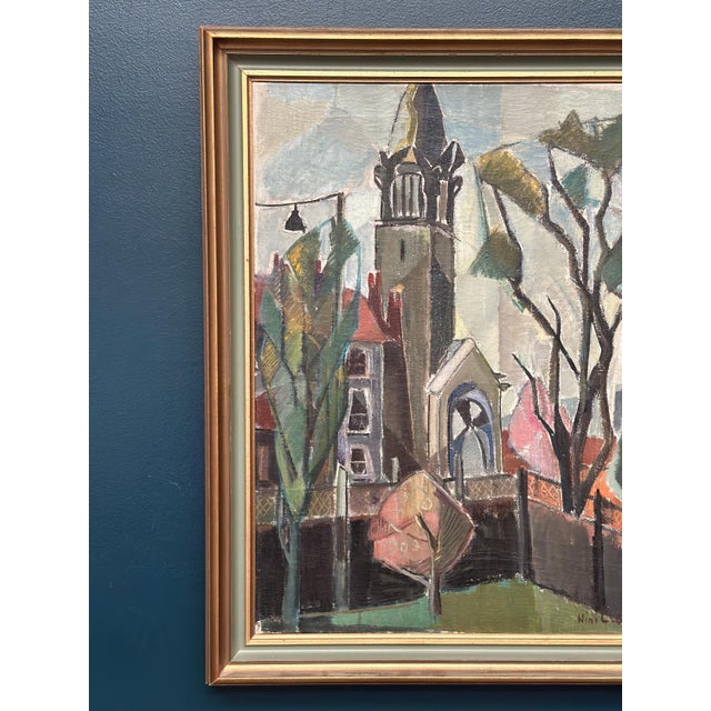 Original Swedish Oil on Canvas – “Church View” by Nini Landgren – Signed & Dated 1952 – Vintage & Framed – 77 × 58 cm...