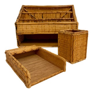 Vintage Bamboo & Rattan Letter Holder Desk Organizer 3 Piece Set For Sale