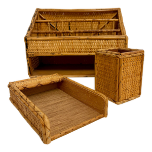 Vintage Bamboo & Rattan Letter Holder Desk Organizer 3 Piece Set