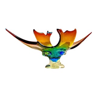 1960s Canadian Lorraine Art Glass 19" Tie Dye Sculptured Console Centerpiece For Sale