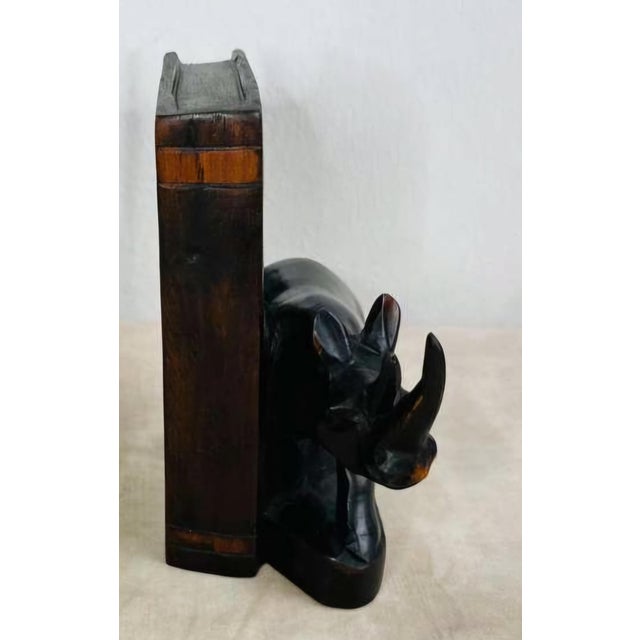 Black Pair of Antique Carved Wooden Rhinoceros Bookends, Ebonized Finish. For Sale - Image 8 of 9