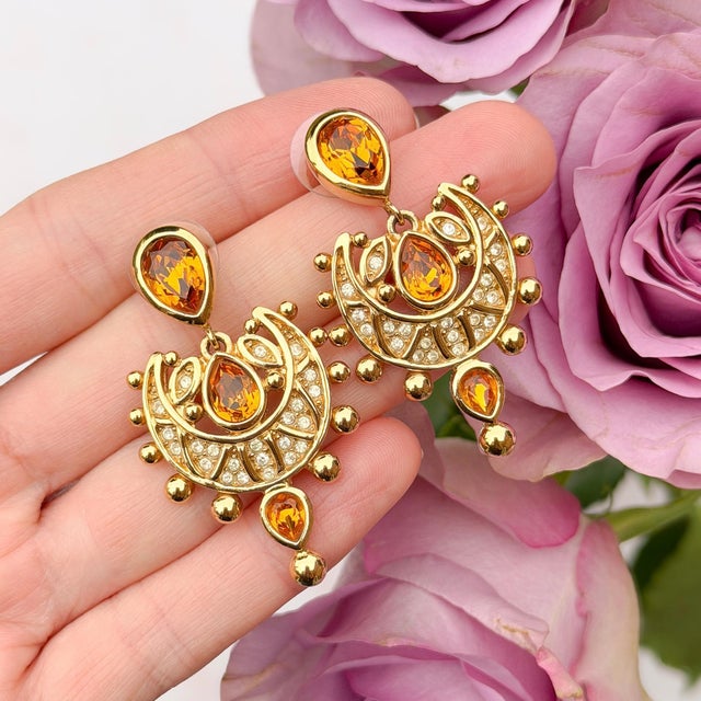 Mughal Style Gold-Plated and Rhinestone Earrings from Christian Dior, Early 1990s, Set of 2 For Sale - Image 4 of 10