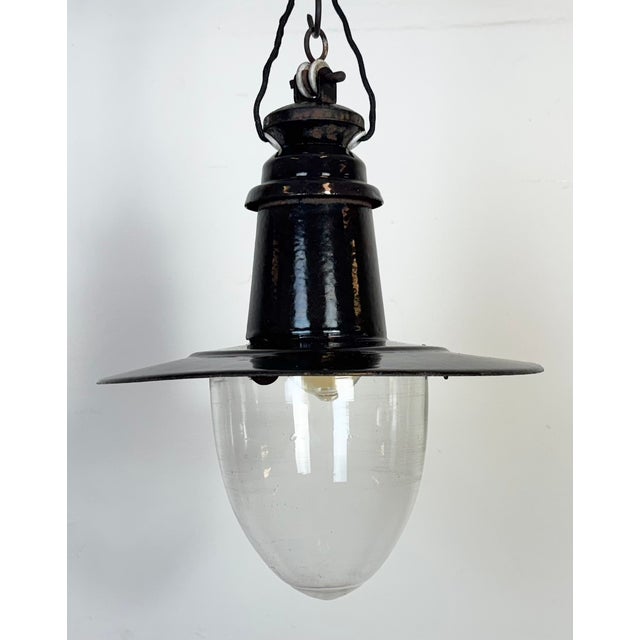 Glass Industrial German Black Enamel Pendant Lamp with Glass Cover, 1930s For Sale - Image 7 of 14