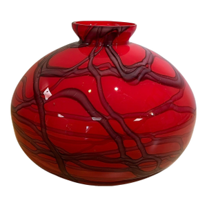 Vintage Czech Art Deco Red Cased Glass Orb Vase With Black Web Drizzle Pattern Attributed to Kralik Glassworks