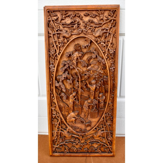 Vintage Wood Wall Plaque Chinese Hand Carved Panel High Relief Figural Asian 3d For Sale - Image 11 of 16