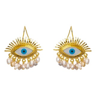 Eyes On You Gold & Pearl Chunky Evil Eye Earrings, A Pair For Sale