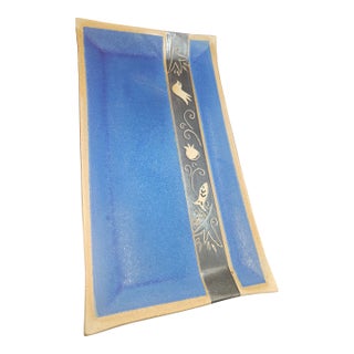 Vintage Blue Mezuzah Ceramic Hand Thrown Platter, Signed For Sale