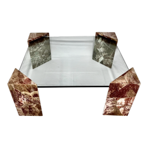 Rare Italian Modern Stone + Glass Coffee Table | Triangular Onyx Pedestal Legs