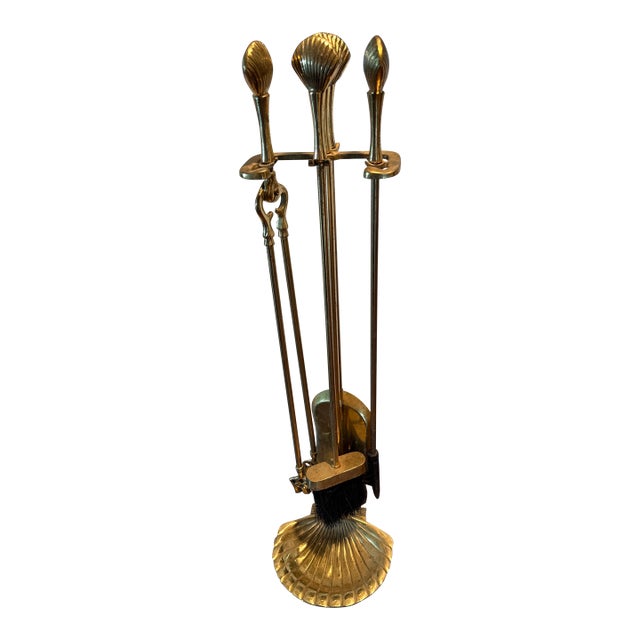 1970s Sculptural Brass Clam Shell Fire Tools Set For Sale