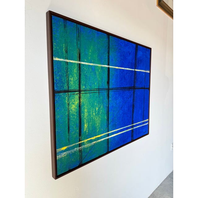 This Vintage Expressionist Abstract Acrylic on Canvas Painting is a striking composition that blends deep blues and rich...