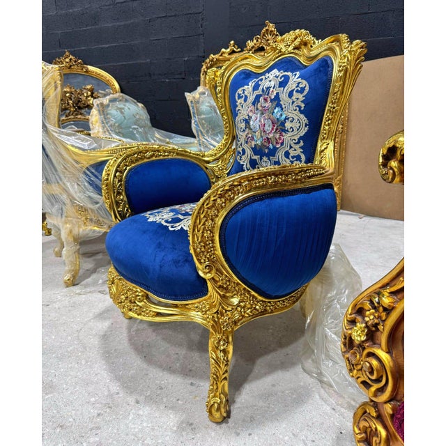 French 1990s Blue Bergère Wing Chair – French Style Armchair With Gold Leaf Details For Sale - Image 3 of 8