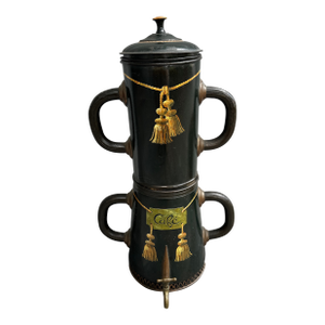 1940s French Extra Large Two-Handled Metal Black Coffee Pot With Brass and Copper Details, Ornate With Hand Painted Tassels and Cords