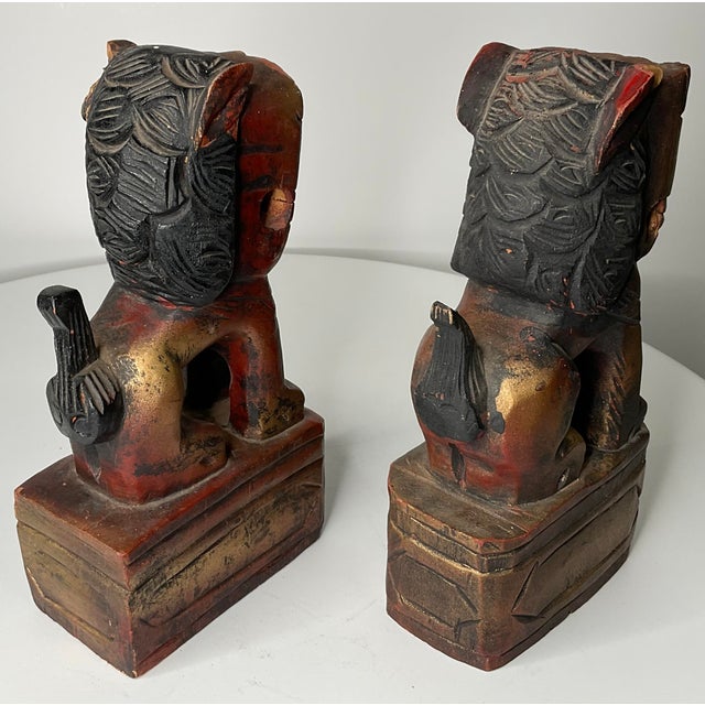 Mid 20th Century Primitive Carved Wood Foo Dogs - A Pair For Sale - Image 4 of 12
