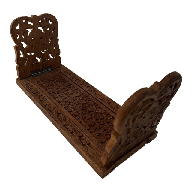 Midcentury Indian Carved Wood Book Rack For Sale