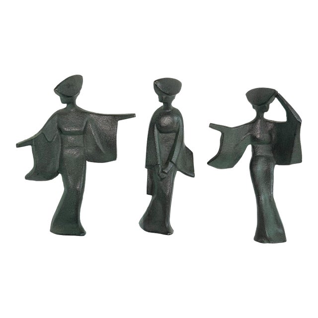 Set of Three Japanese Modernist Cast Iron Figural Sculptures, Mid-Century For Sale