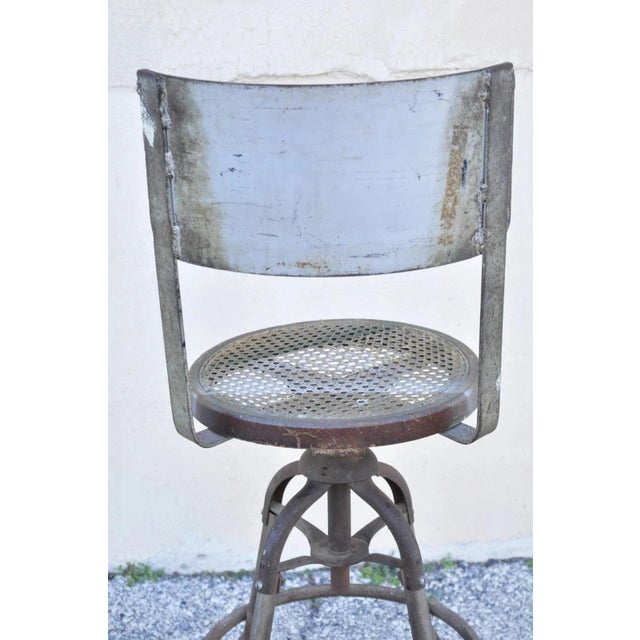 Antique American Industrial Metal Drafting Work Stool With Oak and Cane Seat For Sale - Image 10 of 10