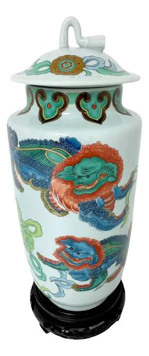 Japanese Arita Foo dog Motif Covered Urn, with Carved Hardwood Stand