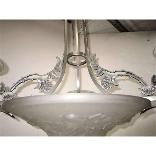French Art Deco Frosted Art Glass Chandelier Signed Maynadier For Sale - Image 9 of 13