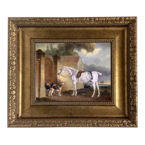 "Saddled Grey Horse With Hounds" Contemporary Reproduction Print on Canvas, Antiqued Gold Frame