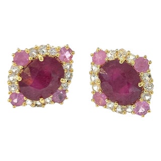 Bochic "Orient" Vintage Pastel & Red Rubies Earrings Set In 18K Gold & Silver For Sale