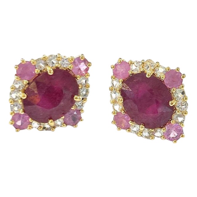 Bochic "Orient" Vintage Pastel & Red Rubies Earrings Set In 18K Gold & Silver For Sale