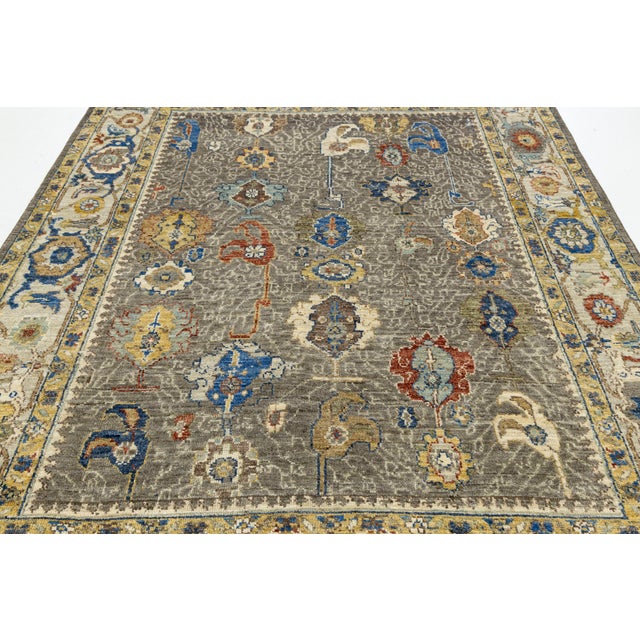 Modern Oushak Style Hand-Knotted Wool Area Rug in Taupe Grey With Vibrant Floral For Sale - Image 4 of 12