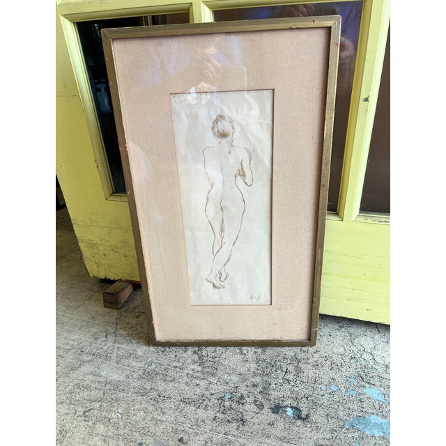 Wood Vintage Figurative Sketch Figure Study Nude Signed Matted & Framed For Sale - Image 7 of 8
