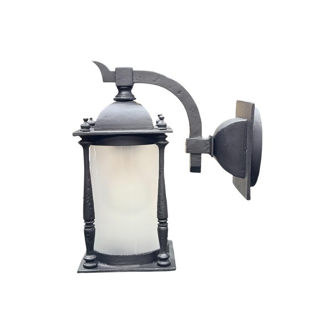 Mission 1910s Outdoor Exterior Porch Light Wall Sconce in Cast Iron With Frosted Glass Cylinder Shade and Black Enamel Paint Mission Spanish For Sale - Image 3 of 11