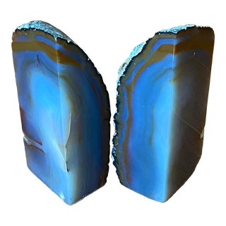 1980s Large Geode Polished Natural Agate Quartz Crystal Bookends - Set of 2 For Sale