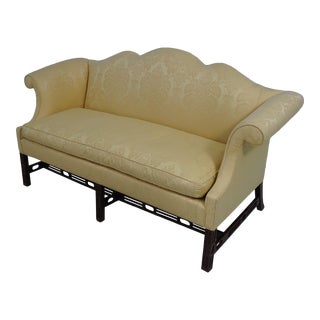 Southwood Gold Damask Camelback Mahogany Sofa For Sale