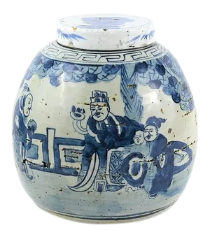 Chinoiserie Blue and White Ginger Jars With Deities