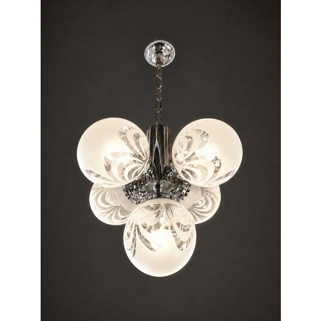 Vintage Art Deco Style Chandelier with Etched Glass Shades and Chrome Finish, 1970s For Sale - Image 9 of 9