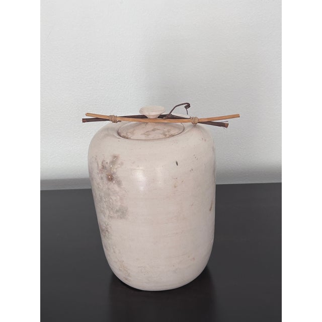Vintage Studio Art, by David Smyth, Signed - Raku Fired White Ceramic Vessel With Lid and Natural Wood Twig Accents – 9.5” For Sale In Miami - Image 6 of 12