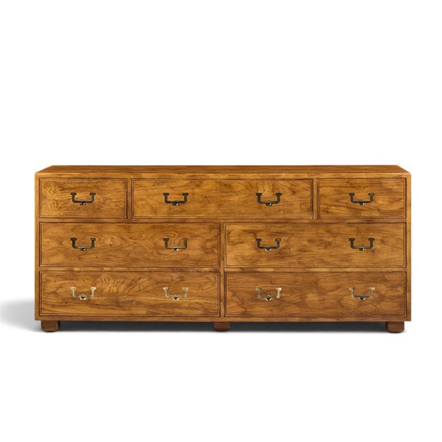 Henredon Campaign Mid Century Oak and Brass Lowboy Dresser This lowboy measures: 70 wide x 19 deep x 30 inches high Great...
