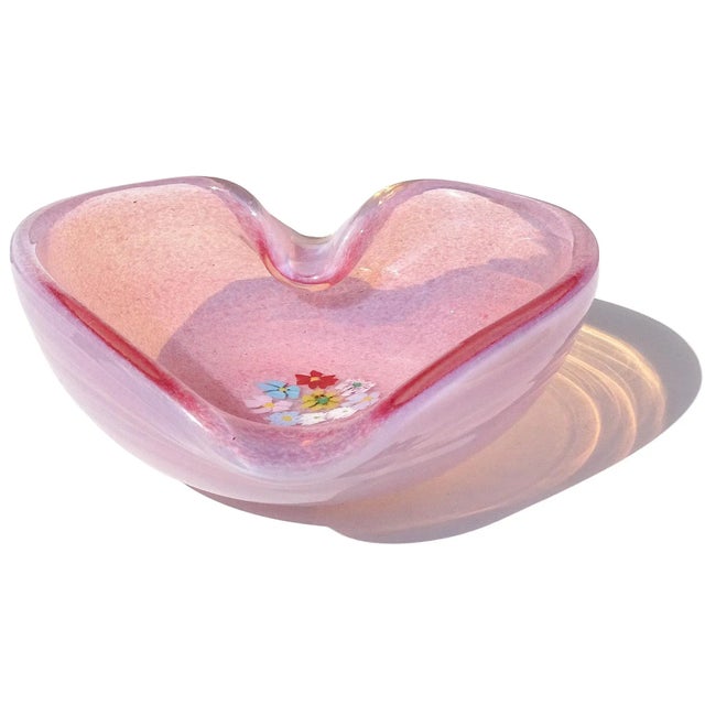 Murano Vintage Murano Fratelli Toso Millefiori Wild Flowers Pink Opalescent Italian Art Glass Heart Bowl For Sale - Image 4 of 8