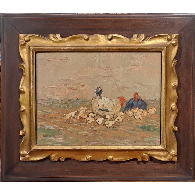 Artwork: Oil painting on panel Subject: Rural scene with a white hen, a dark rooster, and numerous chicks on the ground....