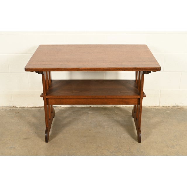Mission Stickley Style Antique Mission Oak Arts & Crafts Metamorphic Library Table Monk's Chair | Newly Refinished For Sale - Image 3 of 15