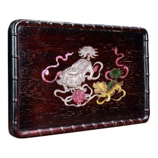 Vintage Chinese Rosewood Tea Tray With Mother of Pearl Inlay & Lion Motif For Sale