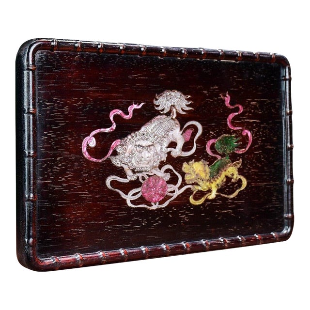 Vintage Chinese Rosewood Tea Tray With Mother of Pearl Inlay & Lion Motif For Sale