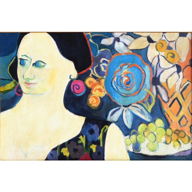 Vintage, fauvist painting of a woman with magenta earrings and floral dress with an abstracted floral and still life with...