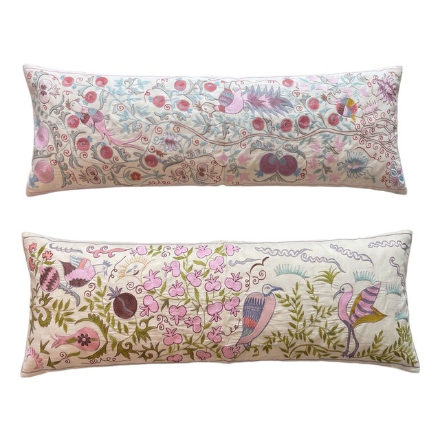 Floral Suzani Lumbar Pillow Cover 18'' X 53'' - Set of Two For Sale