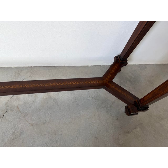 French Empire Style Mahogany Console Table With Herringbone Inlay and Y-Frame Stretcher For Sale - Image 11 of 12