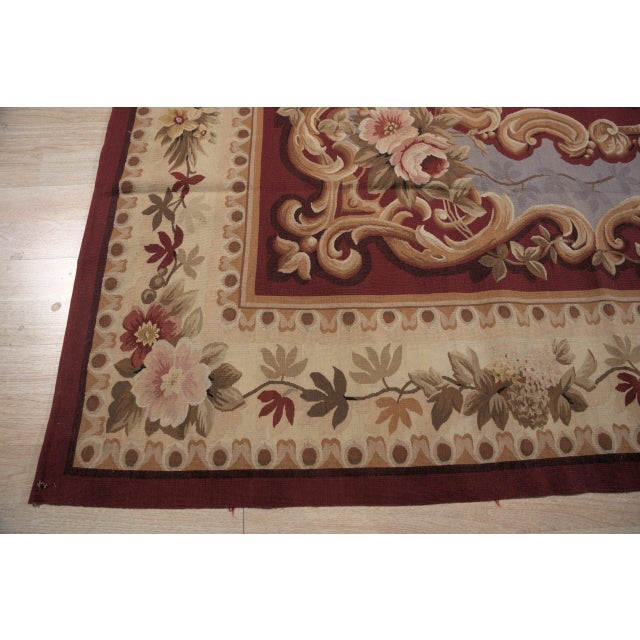 Burgundy 9x12 Vintage Aubusson Flat Weave Wool Rug, Burgundy Rose Medallion For Sale - Image 8 of 12