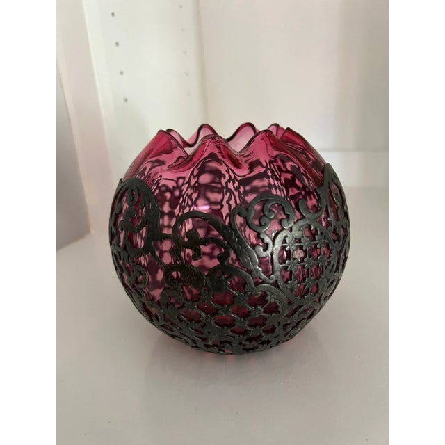 1950s Vintage Blown Glass Vase With Metal Overlay For Sale - Image 5 of 13